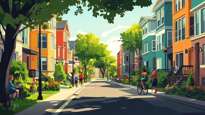 A vibrant, walkable neighborhood with colorful townhomes, lush greenery, and a thriving community! #DensityIsFun