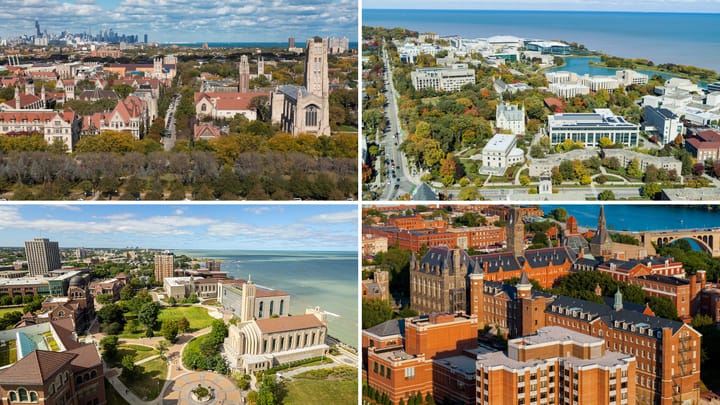 Aerial views of four college campuses: University of Chicago, Northwestern, Loyola Chicago, and Georgetown.
